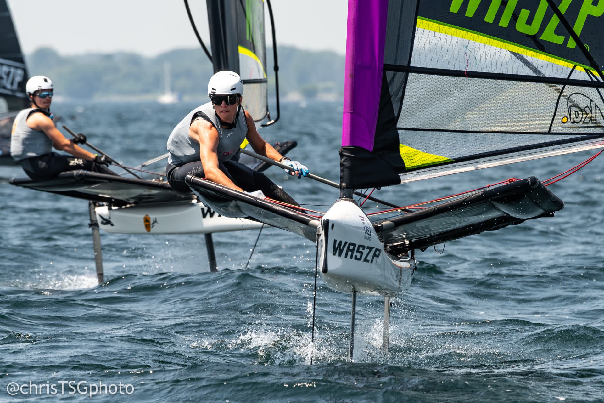 Two WASZP foils racing side by side upwind